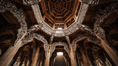 Detailed wooden architecture with ornate carvings and a beautiful ceiling design, highlighting craftsmanship and artistry in a spacious interior filled with natural light, AI generatedの素材