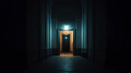 Dark corridor features an illuminated door at the end, highlighting shadows and architectural elements, evoking a sense of mystery and anticipation, AI generatedの素材