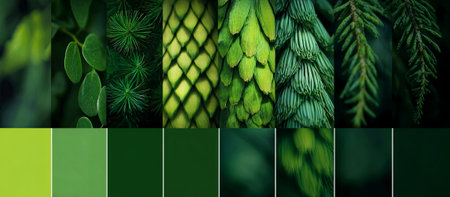 A collection of green plant textures and patterns arranged artistically, highlighting the rich diversity of nature's hues and providing ample copy space for design purposes, AI generatedの素材