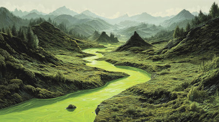 Vibrant green landscape showcases a meandering river through hills, with lush vegetation and mountains in the background, evoking tranquility and natural beauty, AI generatedの素材