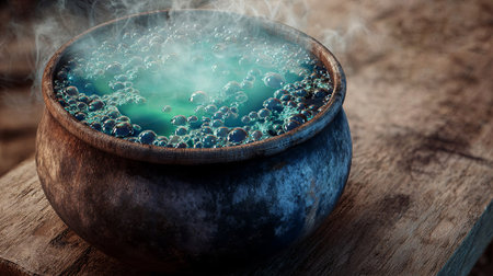 A bubbling cauldron with green liquid rests on a weathered wooden surface, surrounded by steam and a mystical ambiance, creating a magical atmosphere, AI generatedの素材