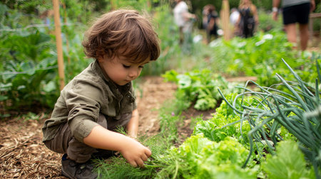 Child is carefully harvesting vegetables in a flourishing garden, surrounded by greenery and other gardeners, illustrating a love for nature and healthy living, AI generatedの素材