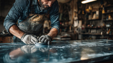 Male artisan is focused on sanding wood in a workshop, with various tools and materials around, highlighting the artistry and precision of woodworking, AI generatedの素材