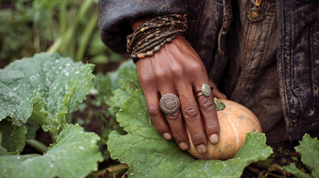 Female gardener holds pumpkin in garden, surrounded by rich green leaves and soil, illustrating connection to nature and commitment to sustainable practices, AI generatedの素材