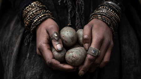 Woman's hands, decorated with jewelry, cradle freshly harvested potatoes, highlighting the blend of tradition and agriculture in a rustic environment, AI generatedの素材