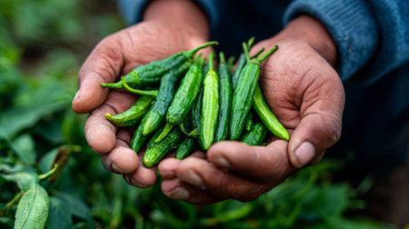 Farmer's hands display freshly picked green chili peppers, highlighting their vibrant colors and textures, set against a backdrop of rich agricultural greenery, AI generatedの素材
