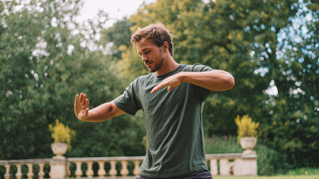 Male dancer is engaging in expressive movements outdoors, amidst greenery and classical architecture, highlighting the connection between nature and art, AI generatedの素材