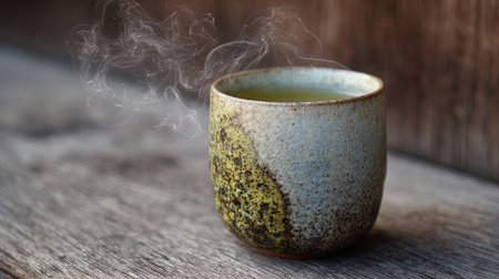 Ceramic cup emits steam from hot drink, resting on weathered wood, highlighting natural textures and inviting atmosphere for peaceful enjoyment, AI generatedの素材