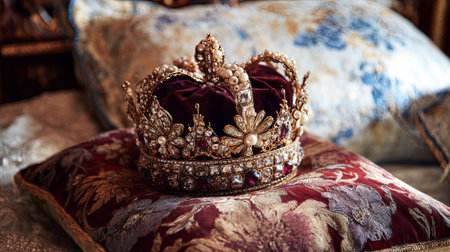 Elaborate crown featuring sparkling jewels and detailed craftsmanship, placed on a plush velvet pillow, highlighting luxury and historical richness in an opulent environment, AI generatedの素材