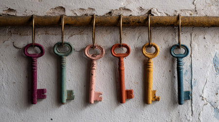Colorful vintage keys are displayed on a rustic hook against a textured wall, highlighting their unique designs and adding charm to any setting, AI generatedの素材