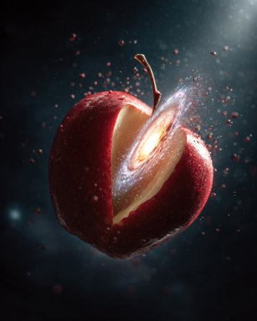 Apple reveals a galaxy at its center, surrounded by a dark cosmic backdrop filled with stars and particles, illustrating the beauty of nature and the universe, AI generatedの素材