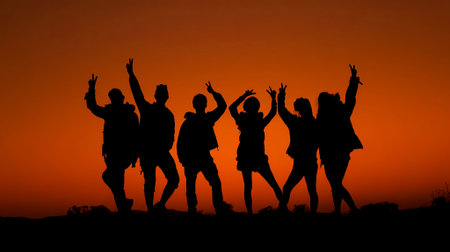 Six individuals in silhouette pose joyfully against a stunning sunset, capturing a moment of celebration, unity, and happiness in a beautiful outdoor setting, AI generatedの素材