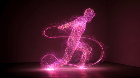 Dynamic figure illustrated with glowing pink light trails, capturing energy and motion in a dark setting, symbolizing vitality and movement in an artistic way, AI generatedの素材