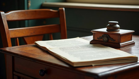 A wooden desk features an open book alongside a vintage ink pot and decorative box, creating a warm and inviting space for reading and writing activities, AI generatedの素材
