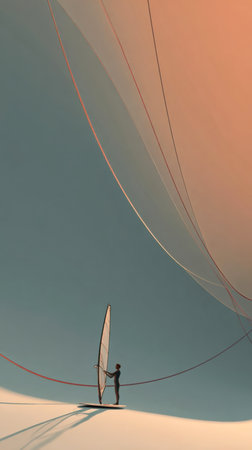 Solitary figure stands with a sailboard in a minimalist landscape, featuring soft gradients and flowing lines, evoking a sense of tranquility and exploration, AI generatedの素材