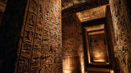 Interior of ancient temple showcasing detailed hieroglyphics on stone walls, softly lit to enhance the historical ambiance and evoke a sense of wonder, AI generatedの素材