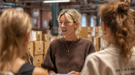 Female leader with blonde hair, discussing with a group in a warehouse, surrounded by cardboard boxes, emphasizing teamwork and effective communication, AI generatedの素材