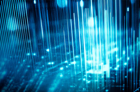 Digital abstract background showcases vertical lines and luminous particles in blue tones, evoking a modern and dynamic atmosphere with a sense of depth and energyの写真素材