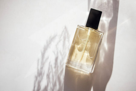 Stylish perfume bottle rests on a light surface, casting delicate shadows, highlighting the elegance...