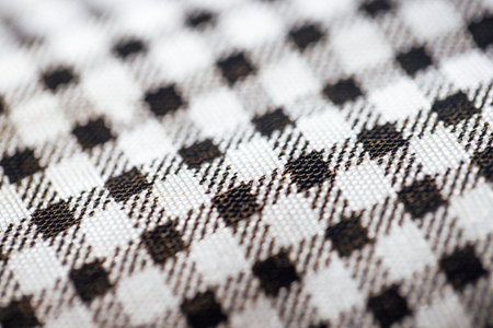 Close-up of checkered fabric showcasing a black and white gingham pattern with detailed woven...