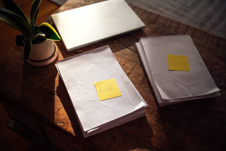 Organized workspace featuring papers marked 'todo' and 'done', a laptop, and a potted plant on a...