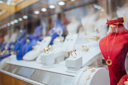 Elegant gold jewelry pieces such as rings, necklaces, and bracelets are displayed on white and blue stands inside a jewelry store with glass caseの写真素材
