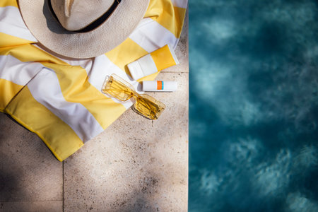 Summer beach accessories such as a straw hat, yellow striped towel, sunglasses, and sunscreen arranged on a stone surface beside a swimming poolの写真素材