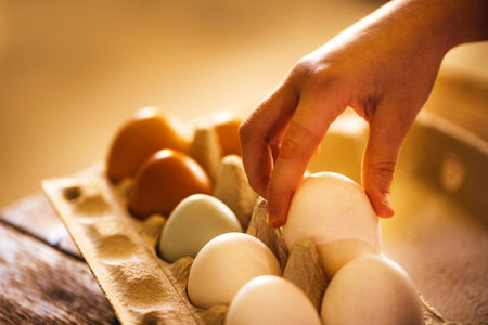 Hand selects a white egg from a carton filled with assorted eggs on a wooden surface, illuminated by...