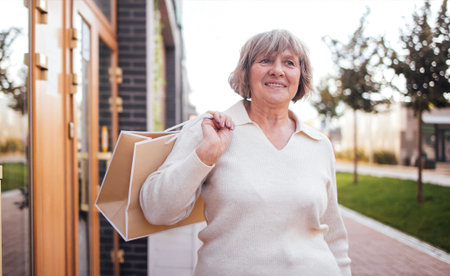 Elderly woman with gray hair in a white sweater holds a shopping bag while walking near a modern...