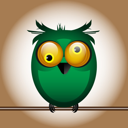 funny cute bird owl big eyes looks sitting on a branchのイラスト素材