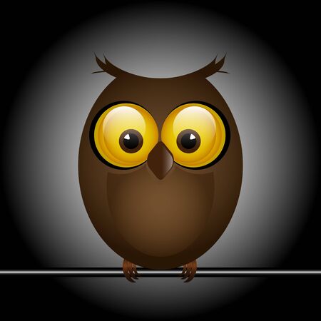 funny cute bird owl big eyes looks sitting on a branchのイラスト素材