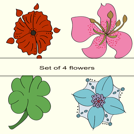 set of four flower on a light background contour drawnのイラスト素材