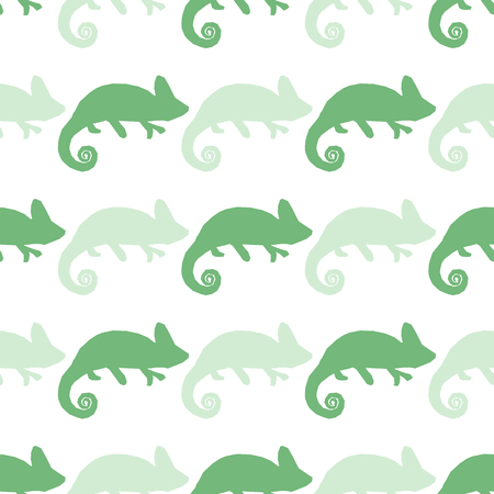 Seamless wallpaper with chameleon isolated on white. Green and blue masquerading lizard. Seamless pattern with han drawn chameleonのイラスト素材
