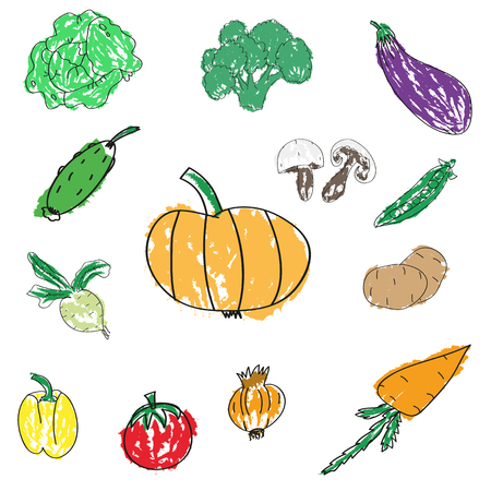 Set of various doodles, hand drawn rough simple sketches of different kinds of vegetables.のイラスト素材