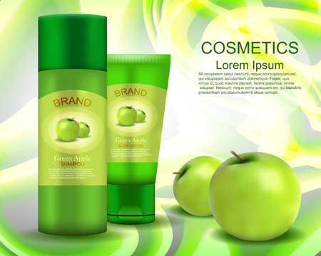 Shampoo. Body lotion. Green apple. Realistic. Cosmetics.のイラスト素材