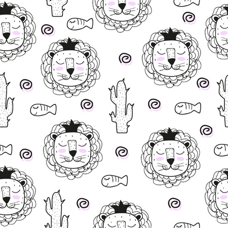 Cute lion in seamless pattern. Black and white background vector illustration.のイラスト素材