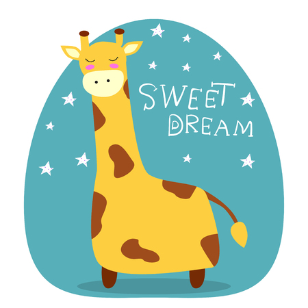 Giraffe with brown spots on green background with stars and text sweet dream. Vector illustration.のイラスト素材