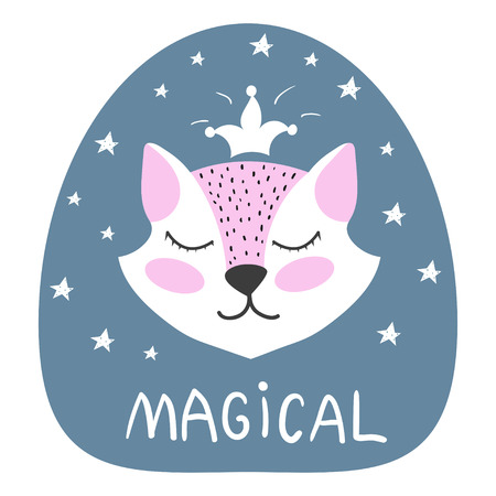 Pretty fox with crown surrounded by stars and text magical. Vector illustration.のイラスト素材