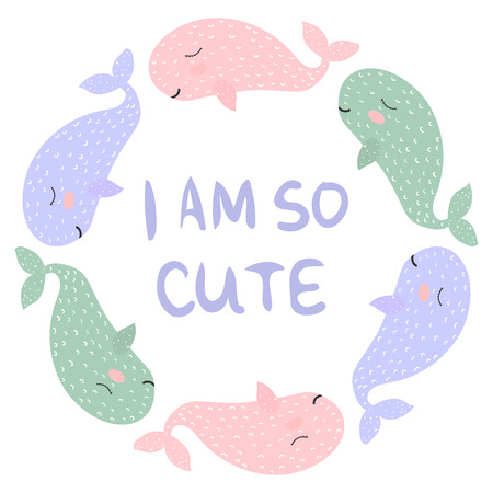 Whales in a circular design with I am so cute text vector illustrationのイラスト素材