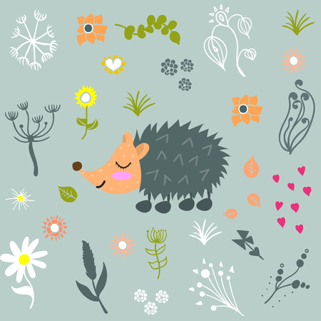 Set of hand-drawn flowers. Hedgeho. Twirls. Grass. The black.のイラスト素材