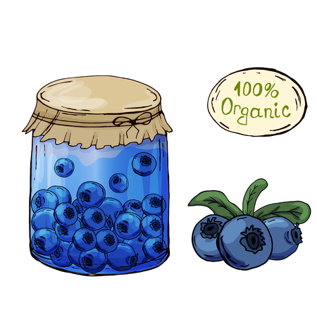 Black jam. Bank. Hand drawing. A bright beautiful berry. Healthy diet. Vitamins.のイラスト素材