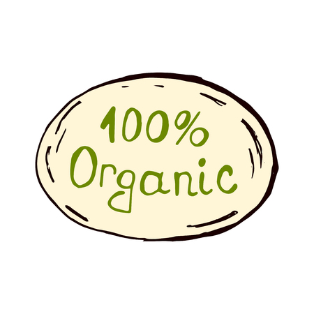 Sticker 100 organic. Healthy diet. Hand drawing. Vitamins. For your design.のイラスト素材