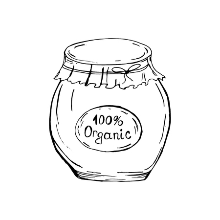 Decorative jars with jam. Pickles. Blanks for the winter. Hand drawing. For your design.のイラスト素材
