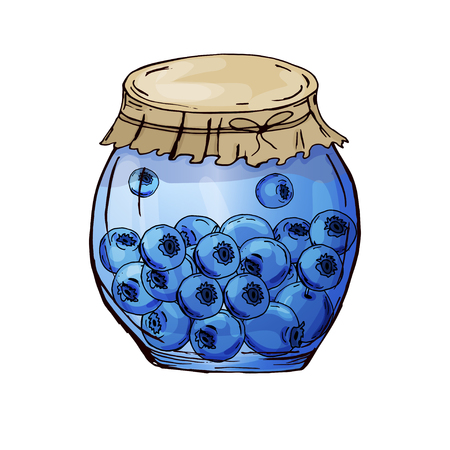 Black jam. Bank. Hand drawing. A bright beautiful berry. Healthy diet. Vitamins.のイラスト素材