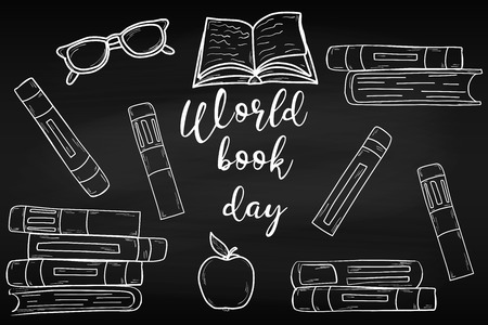 Training. World Book Day. April. Knowledge. Reading. World For your design Chalk board Schoolのイラスト素材