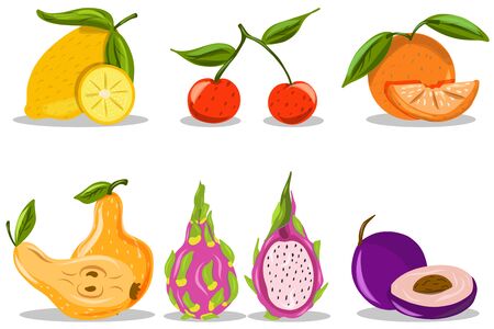 Fruit. Bright. Hand drawing. Dragon fruit, pear, orange, plum. For your design.のイラスト素材