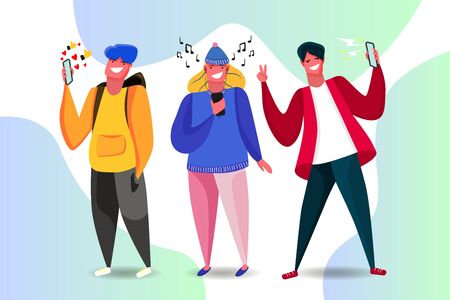 People. Concept. Happy. Simple flat style. Modern gadgets. Music.のイラスト素材