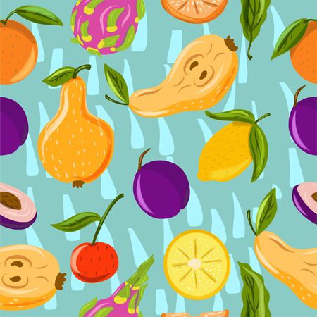 Fruit. Bright. Hand drawing. Dragon fruit, pear, orange, plum. For your design.のイラスト素材