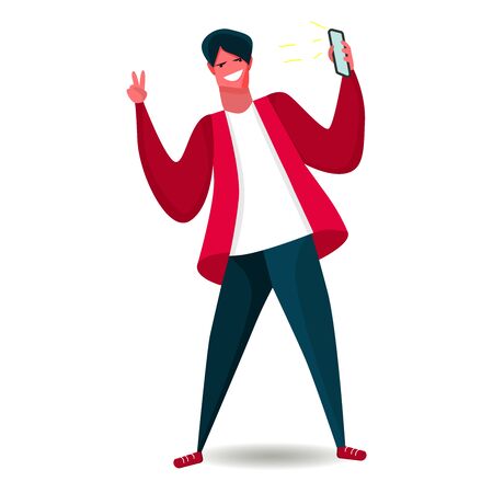 People. Concept. Happy. Simple flat style. Modern gadgets. Music.のイラスト素材