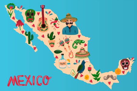 Mexico in american style on colorful background. Holiday decoration. City skyline vector illustration. Urban landscape. Vector icon. Blue sky. Vector design.のイラスト素材